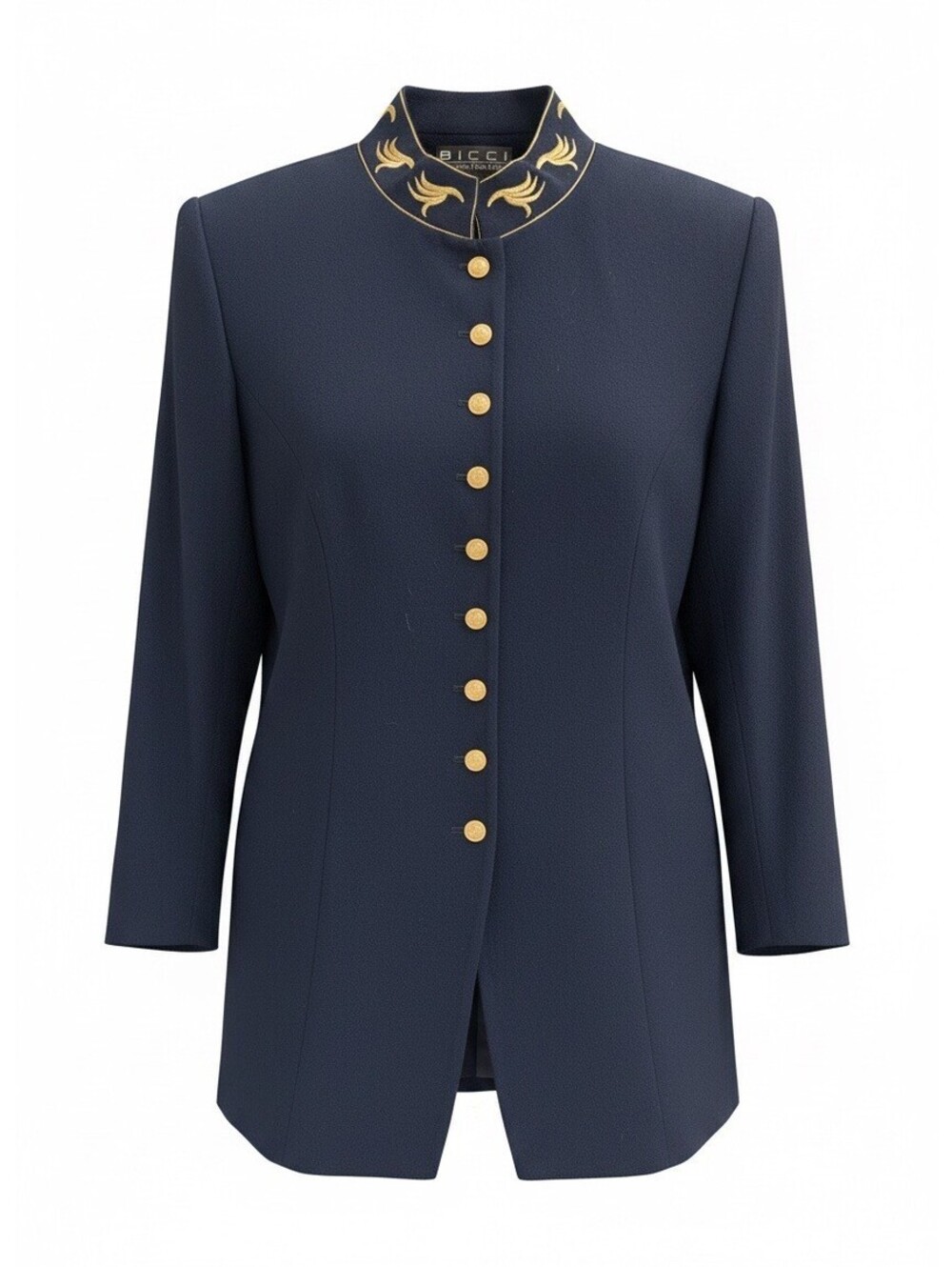 Vintage Bicci FLorine Wachter Navy Blue Wool Mandarin Collar Blazer Size 10